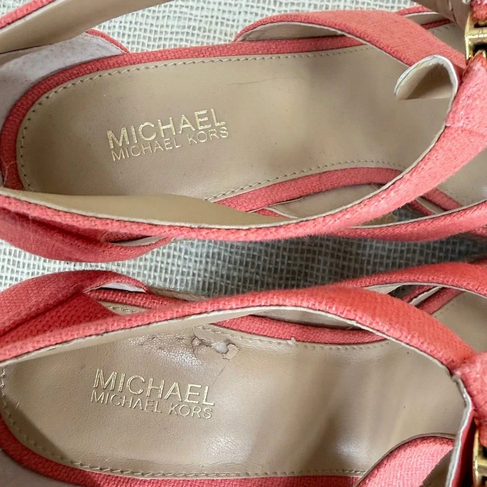 Michael Michael Kors Damita Coral Pink Canvas Espadrille Wedge Sandals‎ Size 8M
